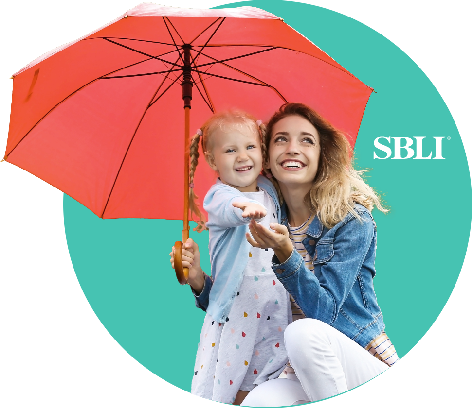 Woman and young daughter holding a red umbrella with SBLI logo aside: SBLI provides Quility Level Term life insurance