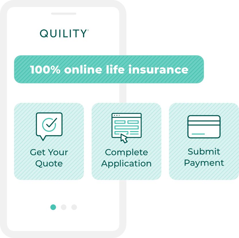 Image of a mobile phone with online life insurance application in three steps: get a quote, apply, submit payment