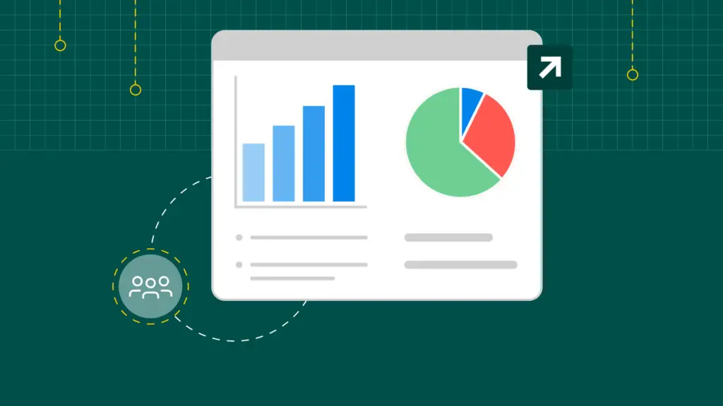 Illustration of a dashboard window displaying a bar chart and a pie chart on a dark teal grid background.