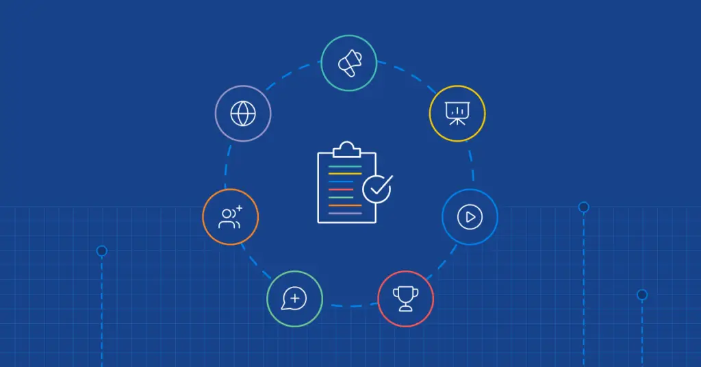 Illustration of a clipboard with a checkmark surrounded by seven circular icons, representing a range of support and resources.